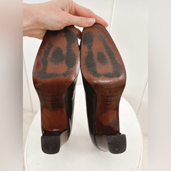 Etienne Aigner Vintage Heels Chocolate Brown Leather Square Toe Block Heel 7.5 - Picture 11 of 13